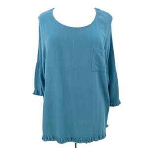 Umgee Blouse Womens Small Blue Linen Cotton Raw Edge Hem Ladies Tunic Top Hi Low